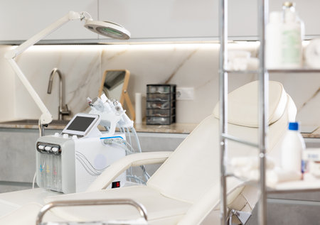 Aesthetic medicine clinic office with a treatment chair and a hydrogen-oxygen cosmetology apparatusの写真素材