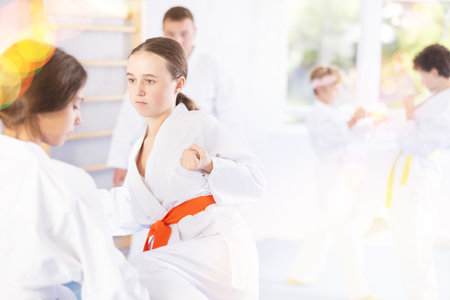Young pupils train to perform defensive karate installations and attacking combat techniquesの写真素材