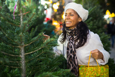Latin woman at christmas fairの写真素材