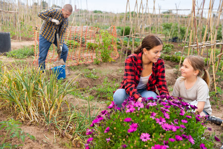 Daughter helps her mother take care of flowers in gardenの写真素材