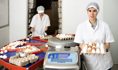Two female farmer workers in uniform sorting and labeling chicken eggs on farmの写真素材