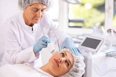 Young woman undergoing cosmetic facial treatment using ultrasonic shovelの写真素材