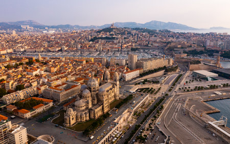 Aerial view of town and port in Marseille city with of sailboats and yachtsの写真素材