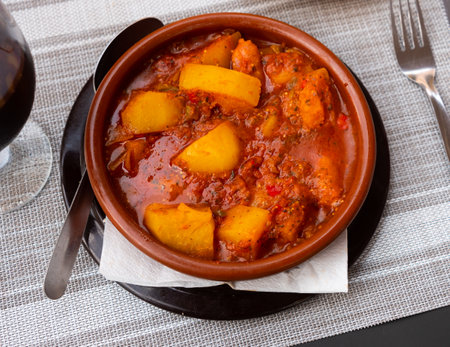 Patatas a la Riojana, savory potato stew with bacon, chorizo, vegetablesの写真素材