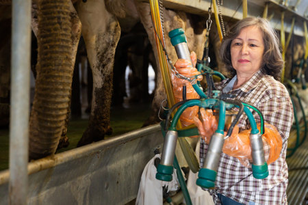 Woman going to milk cows at farmの写真素材