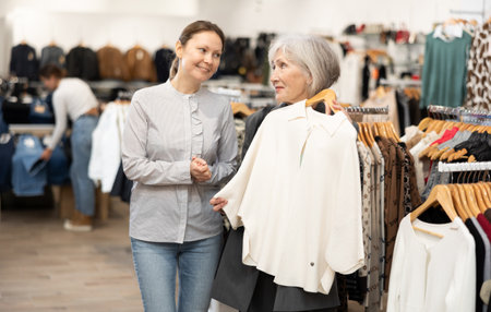 Two women customers looking at white cardigan in clothing storeの写真素材