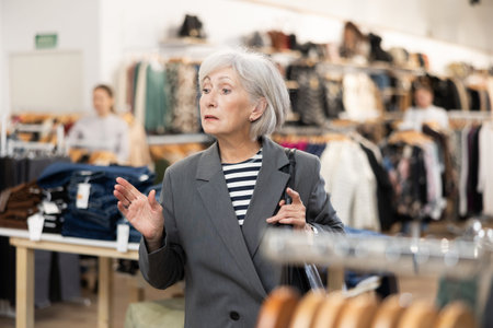 Old woman watching excitedly large stock of clothes in clothing store