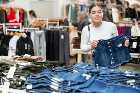 Young woman choosing jeans in store