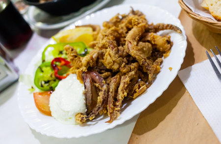 Appetizing dish of grilled squid legs in batterの写真素材