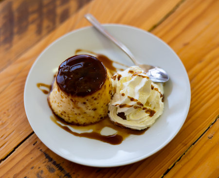 Creamy flan served on platter for dessert