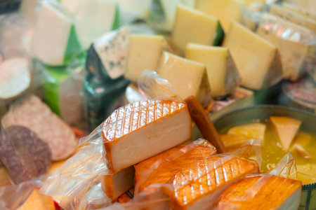 Counter in cheese shop with large assortment