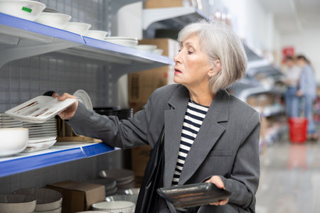 Senior woman in supermarket is choosing square plates with oriental styleの写真素材