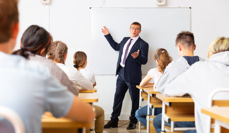Male teacher lecturing to students at classroomの写真素材