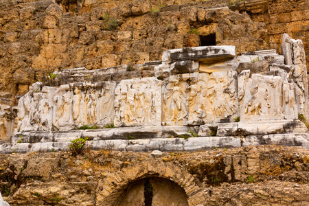 Marble reliefs decorating Roman theater in ancient city of Perga, Turkeyの写真素材