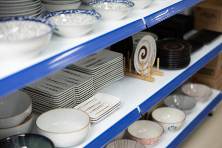 Various ceramic Asian dinnerware displayed on shelves in storeの写真素材