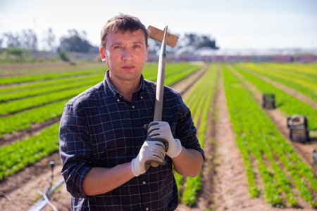 Portrait of hired worker with hoe on summer fieldの写真素材