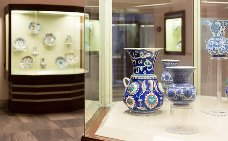 Ancient ceramic jugs in Museum of Islamic Art in Tiled pavilion, Istanbul, Turkeyのeditorial素材