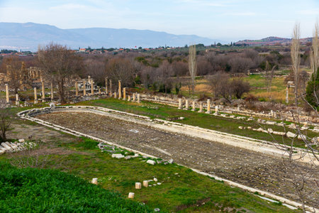 Ruins of pool surrounded by columns amidst park in Aphrodisias, Turkeyの写真素材