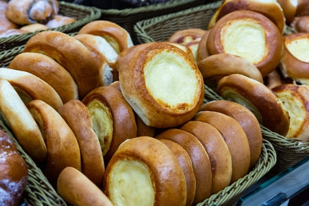 Vatrushkas with curd cheese in bakeryの写真素材