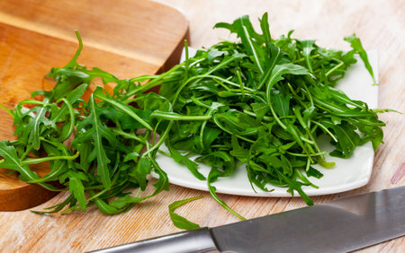 Bunch of green fresh arugula leaves on tableの写真素材