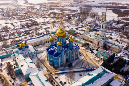 Aerial view of the Nativity-Bogoroditsky monastery surrounded by residential buildings in Zadonskの写真素材