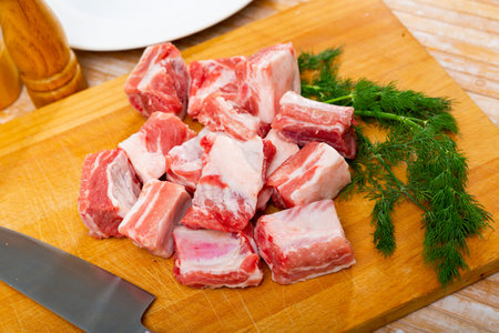 Pieces of fresh uncooked pork ribsの写真素材