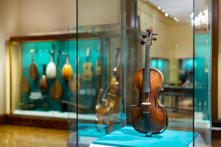 Showcase with old violin in Weltmuseum Wien, Austriaのeditorial素材