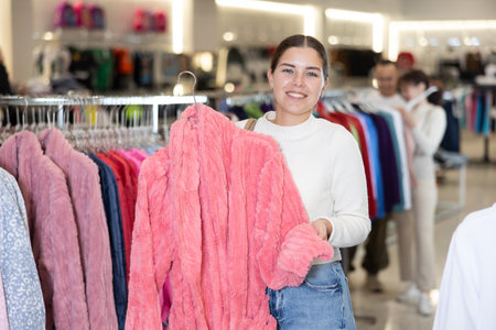 Young woman choosing bathrobe in storeの写真素材