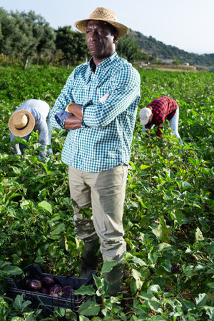 Portrait of confident farm owner in front of his farm on sunny summer dayの写真素材