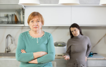 Adult woman and young woman during quarrel in kitchenの写真素材