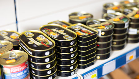 SPAIN, BARCELONA - FEBRUARY 12, 2024: Canned fish on counter of Russian goods store, Spain, Barcelonaのeditorial素材
