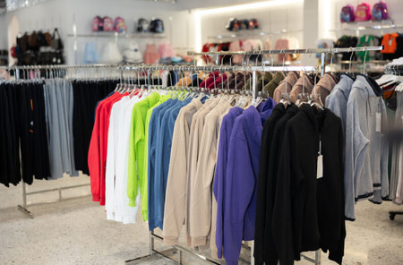 Sweatshirts hung on rack in clothing store