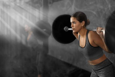 Slender girl trains muscles of arms and back using barbell and differentiated weighting in gymの写真素材