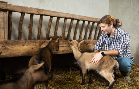 Male farmer takes care of herd of goats in a paddock at animal farmの写真素材
