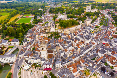 Drone view of medieval royal castle in French town of Lochesの写真素材