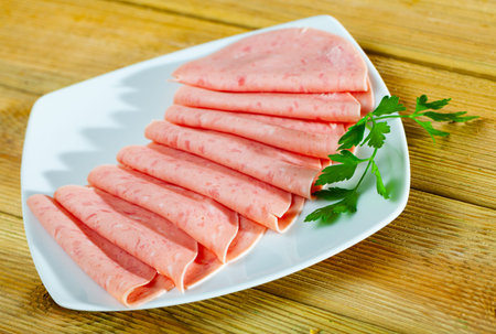 Sliced sausage from chopped pork meat