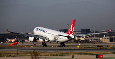 Barcelona, Spain - January 24, 2020: Plane Turkish Airlines airline lands on the runway in an...