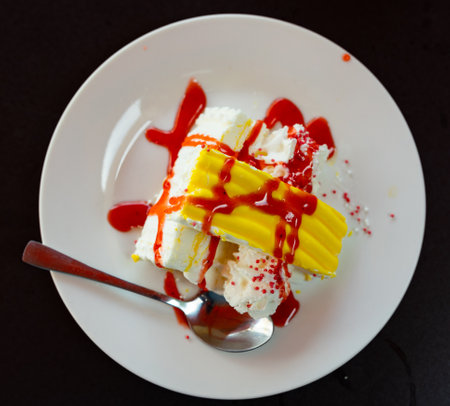 Aromatic and delicious ice cream with sweet lemon peel. Zen style dessert. Healthy eating concept. Natural lightの写真素材