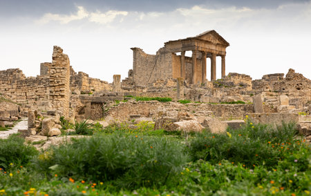 View of Capitol in archeological site of Dougga in north-west Tunisiaの写真素材