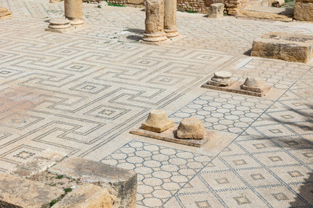 Remains of columns and mosaic floors at ruins of Grand Baths of Sufetulaの写真素材