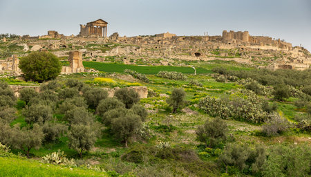 General views of ancient city Dougga in Tunisia. Best-preserved Roman town in North Africaの写真素材