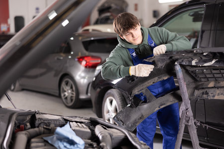 Focused young mechanic repairing removed bumper in workshopの写真素材