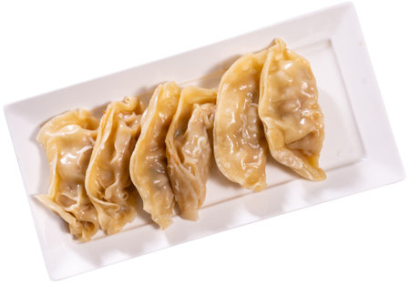 Japanese gyoza dumplings served on platterの写真素材