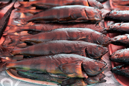 Smoked fish on shelves of Volga region. Russia