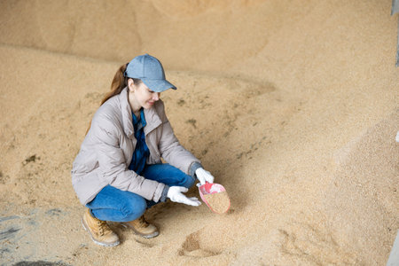 Woman farmer squatting at heap of soybean husk