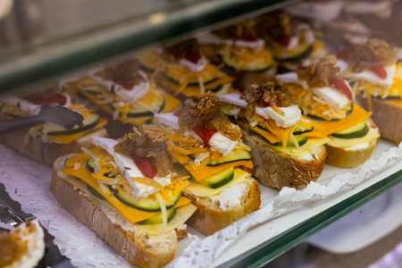 Spanish snack pincho in bakery windowの写真素材