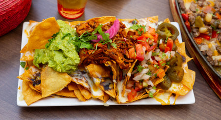 Corn chips nachos with homemade guacamole sauce, meat, cheeseの写真素材