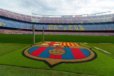 BARCELONA, SPAIN - MAY 23, 2021: View at field of football Nou Camp stadiumのeditorial素材
