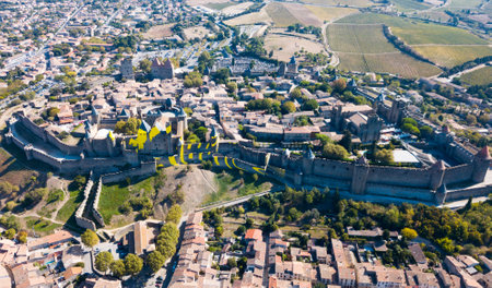 Aerial view of fortified city of Carcassonneの写真素材