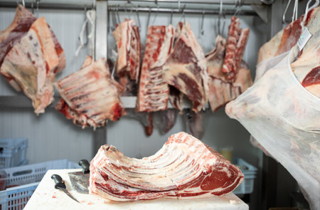 Raw beef ribs lying on cutting table in butcher shopの写真素材